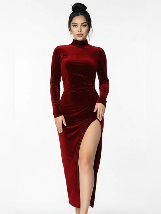 Pretty Woman Boutique Dresses & Skirts - Wine Red Velour High Neck Side Slit Long Dress